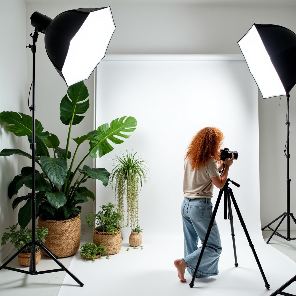 Set fotografico con composizione di piante tropicali e foglie grandi